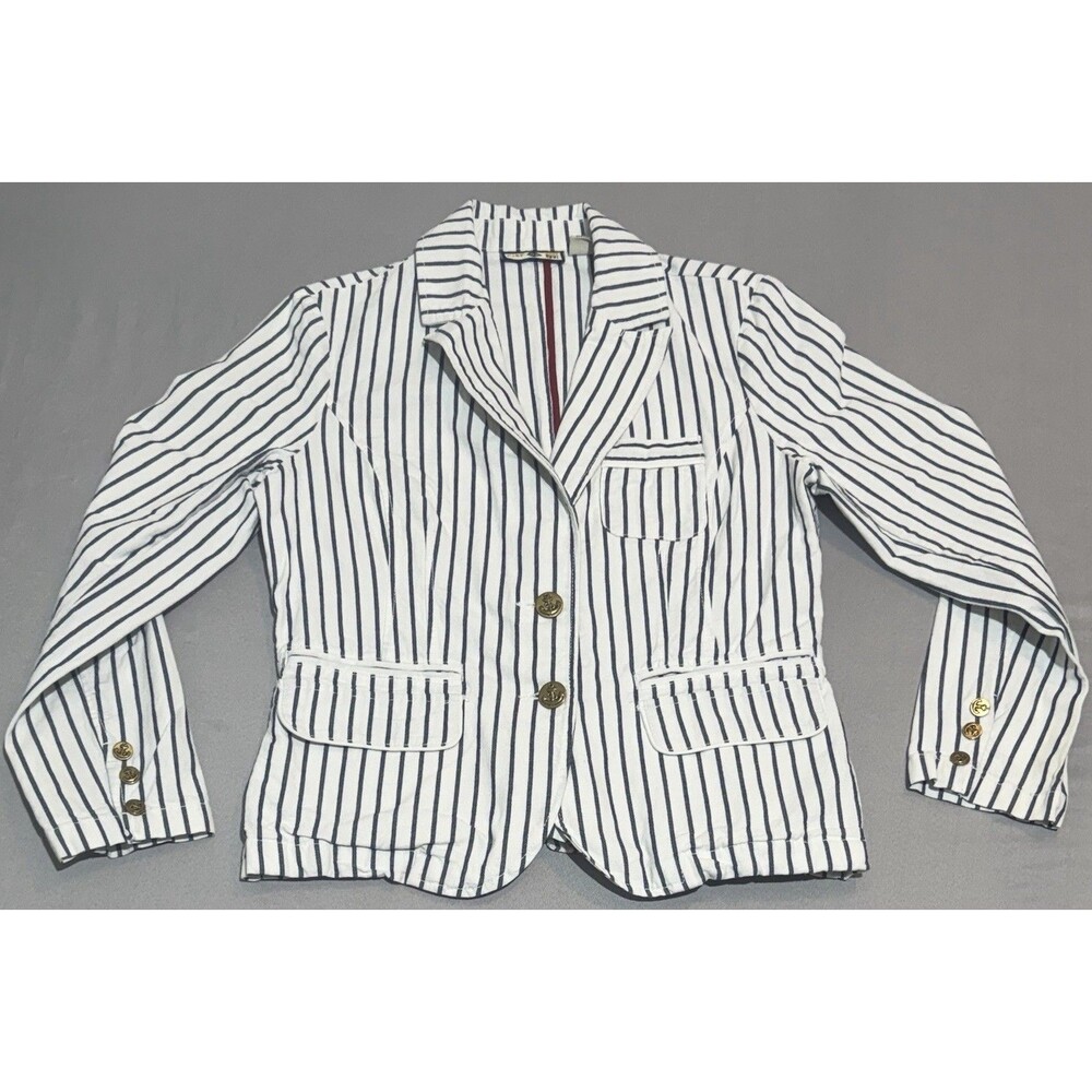 Caribbean Joe Women’s Medium White Navy Blue Striped Nautical Blazer Jacket